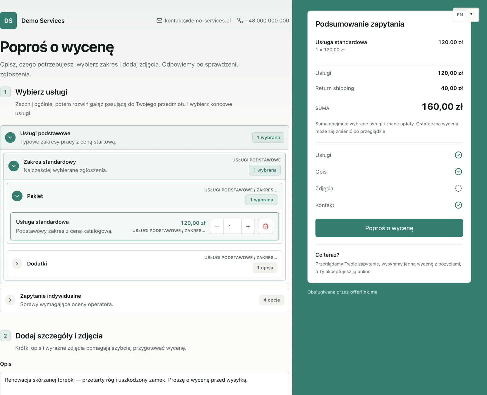 Hostowany formularz offerlink.me po polsku: katalog usług z cenami po lewej, wybrana usługa i wstępna wycena 160 zł w podsumowaniu po prawej