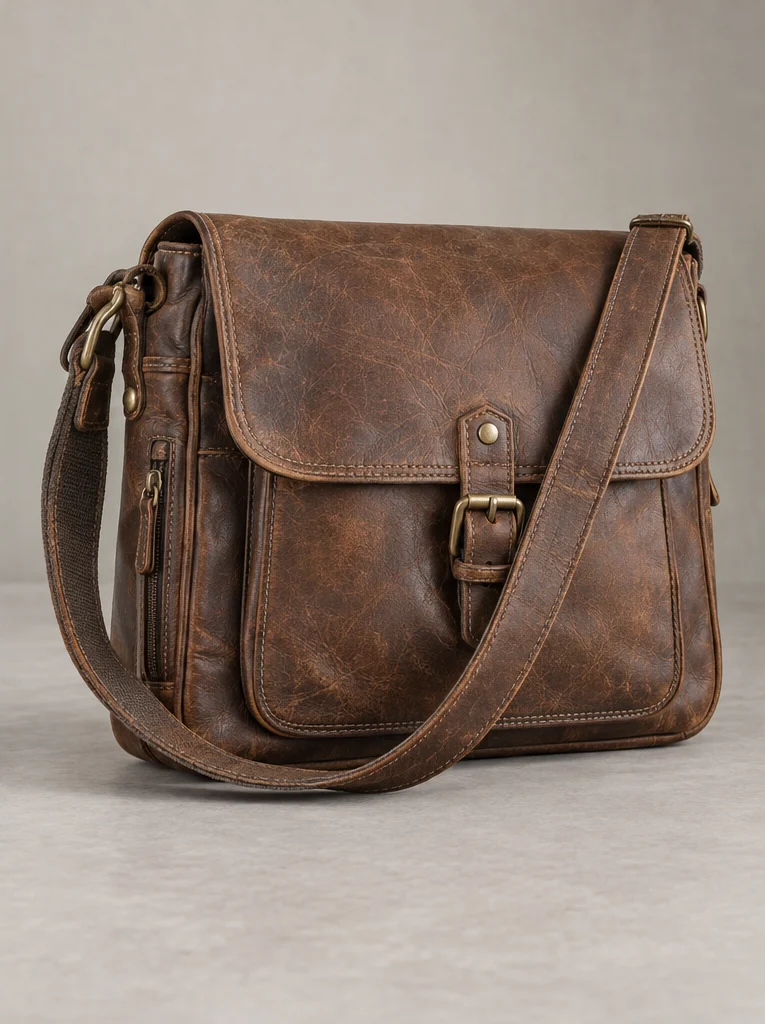 The same illustrative brown bag with its strap repaired