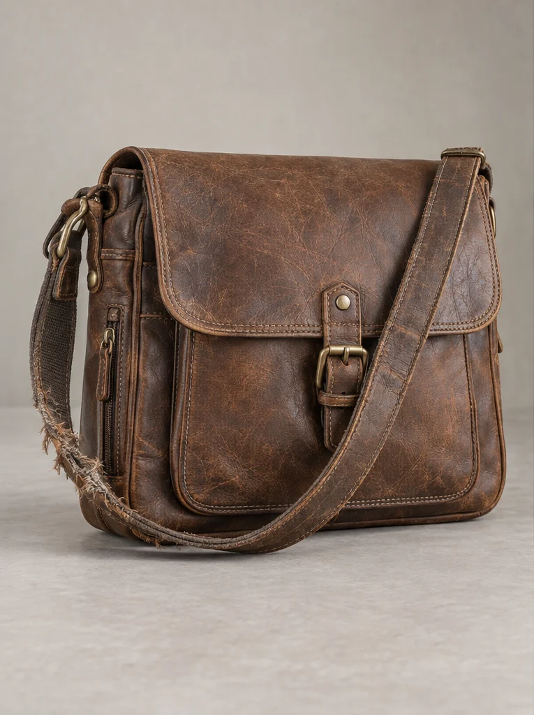 Illustrative brown bag with a frayed strap before repair