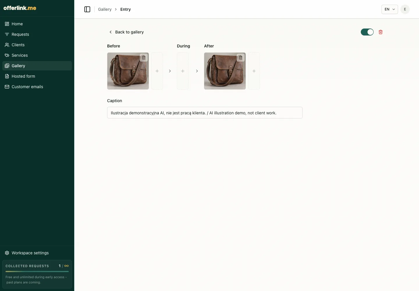 Current gallery workspace with the same bag in Before and After and a visible bilingual AI demonstration label