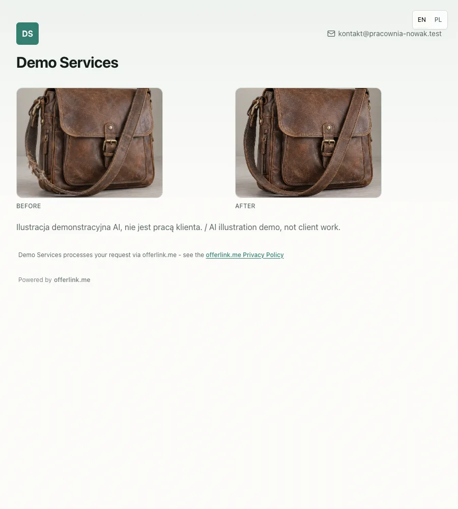 Public Demo Services gallery with the same bag before and after and a visible AI demonstration label