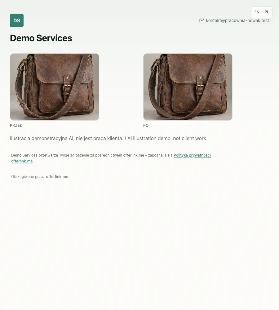 Publiczna galeria Demo Services z tym samym modelem torby przed i po oraz widocznym oznaczeniem demonstracji AI