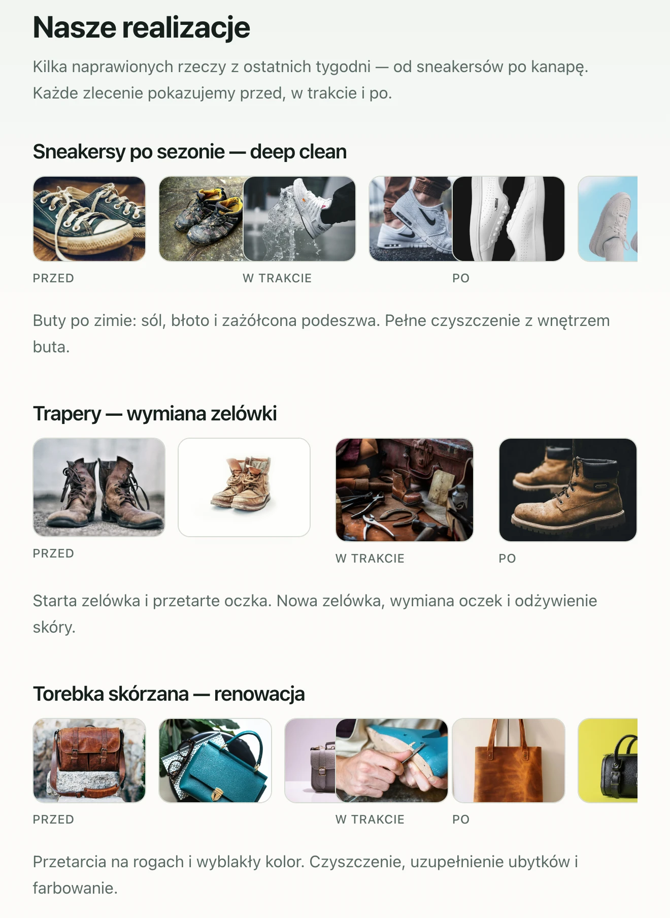 A published work gallery: sneakers, boots and a leather bag, each shown before, during and after the repair