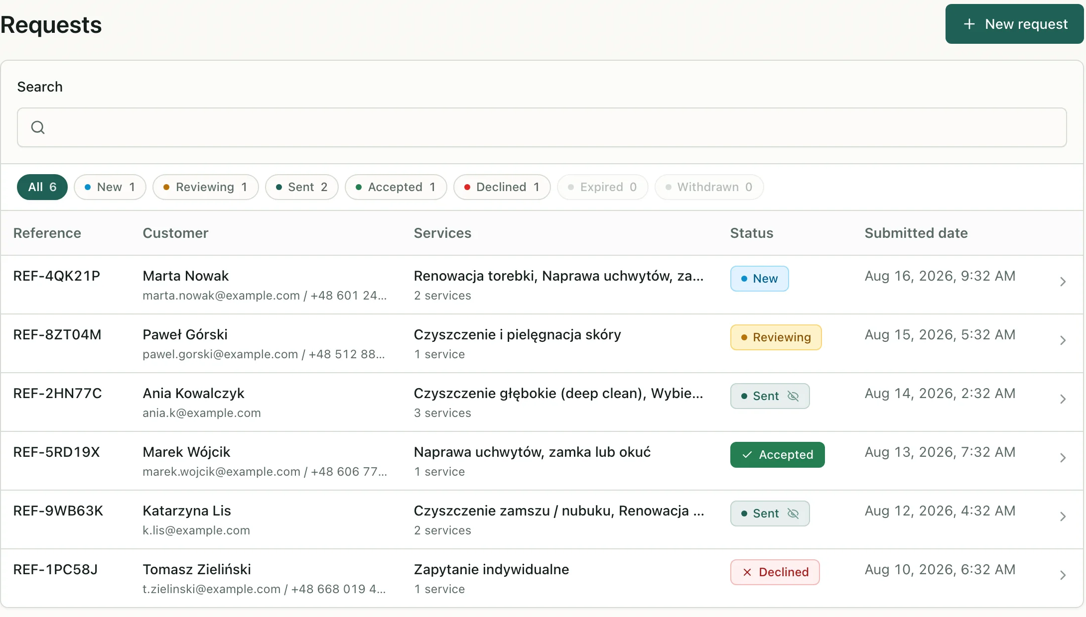 Offerlink workspace with requests, statuses, services and dates