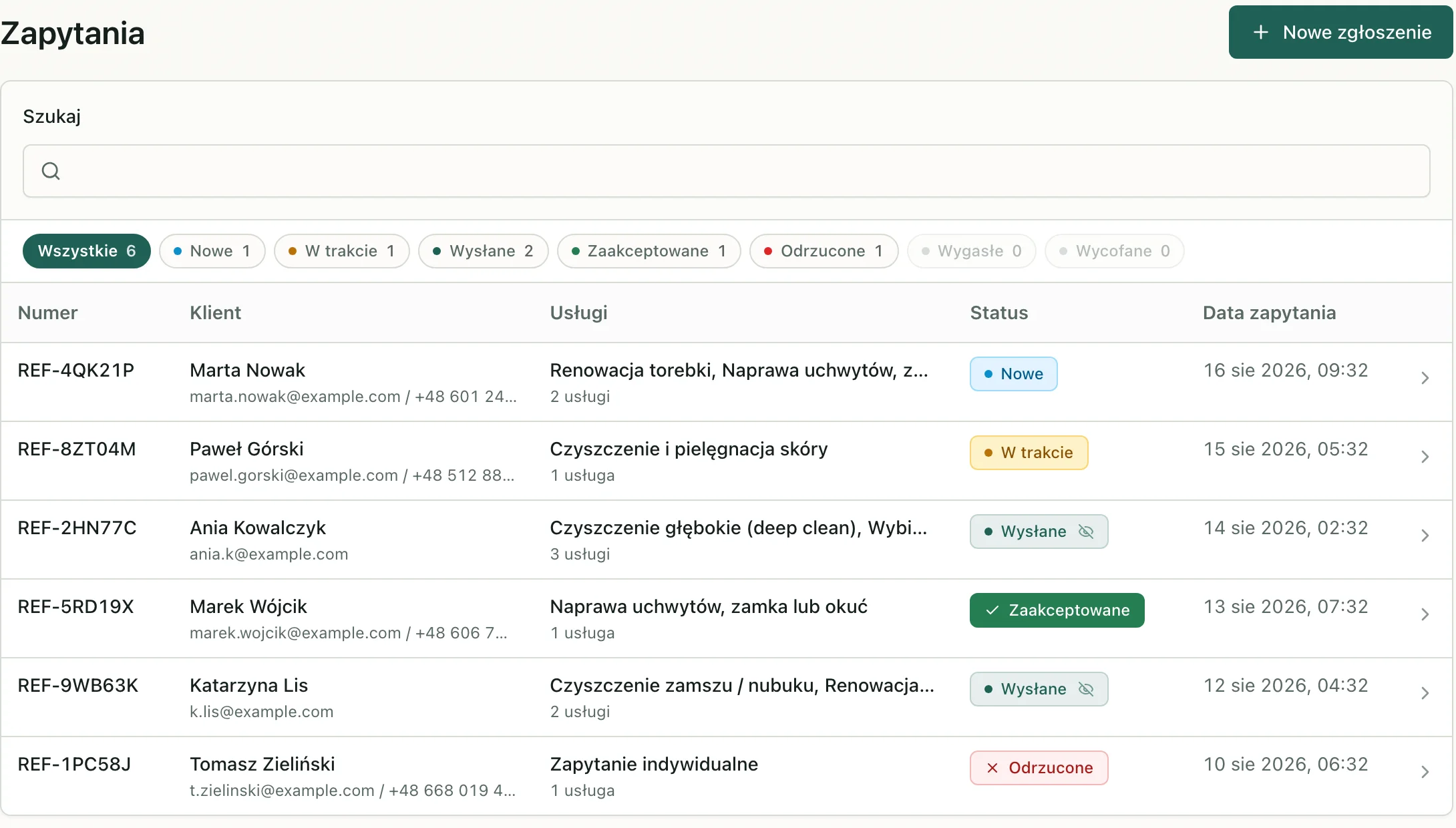 Panel Offerlink z kolejką zapytań, statusami, usługami i datami