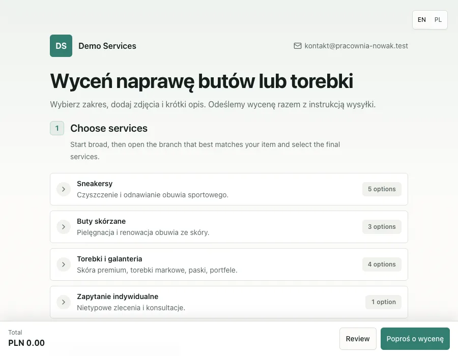 Demo Services page with the business name, contact, service list and request action