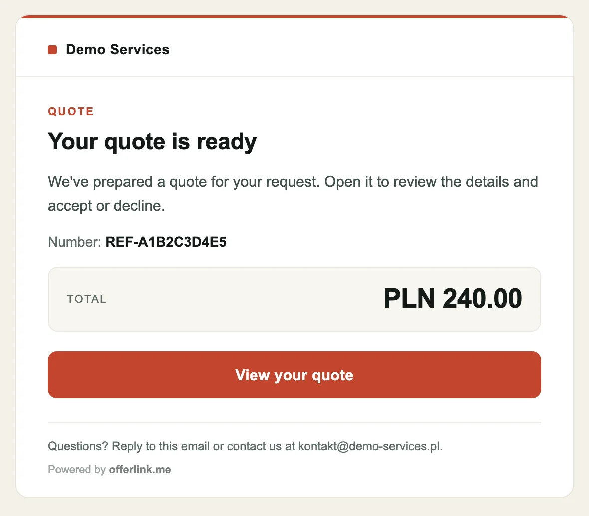 Quote email signed with the business name and a brick-red button