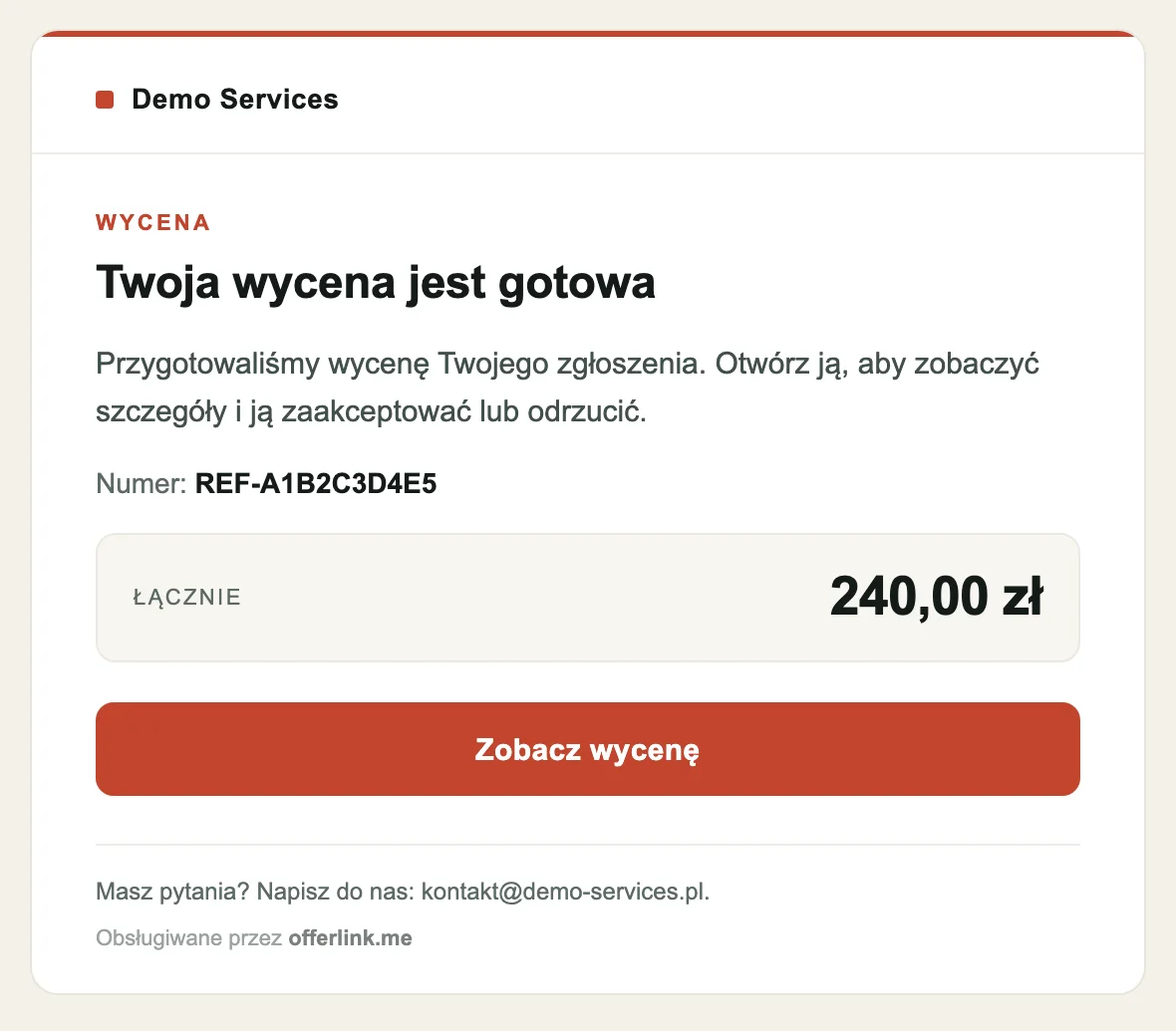 Mail z wyceną podpisany nazwą firmy i z ceglastym przyciskiem