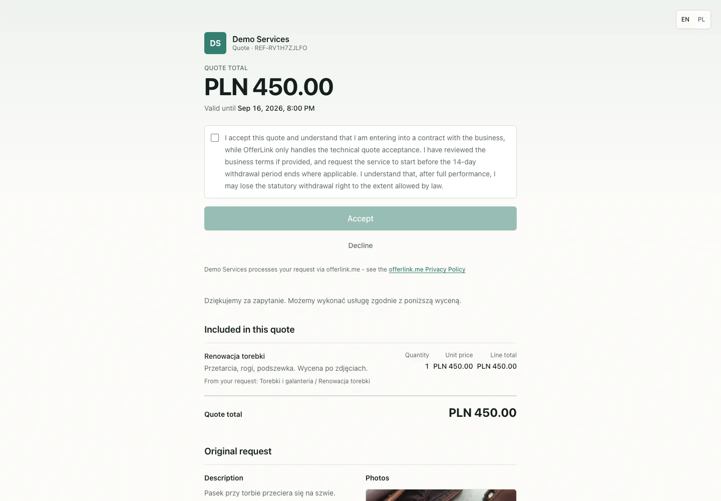 Customer quote with PLN 450.00 total, validity and Accept and Decline actions