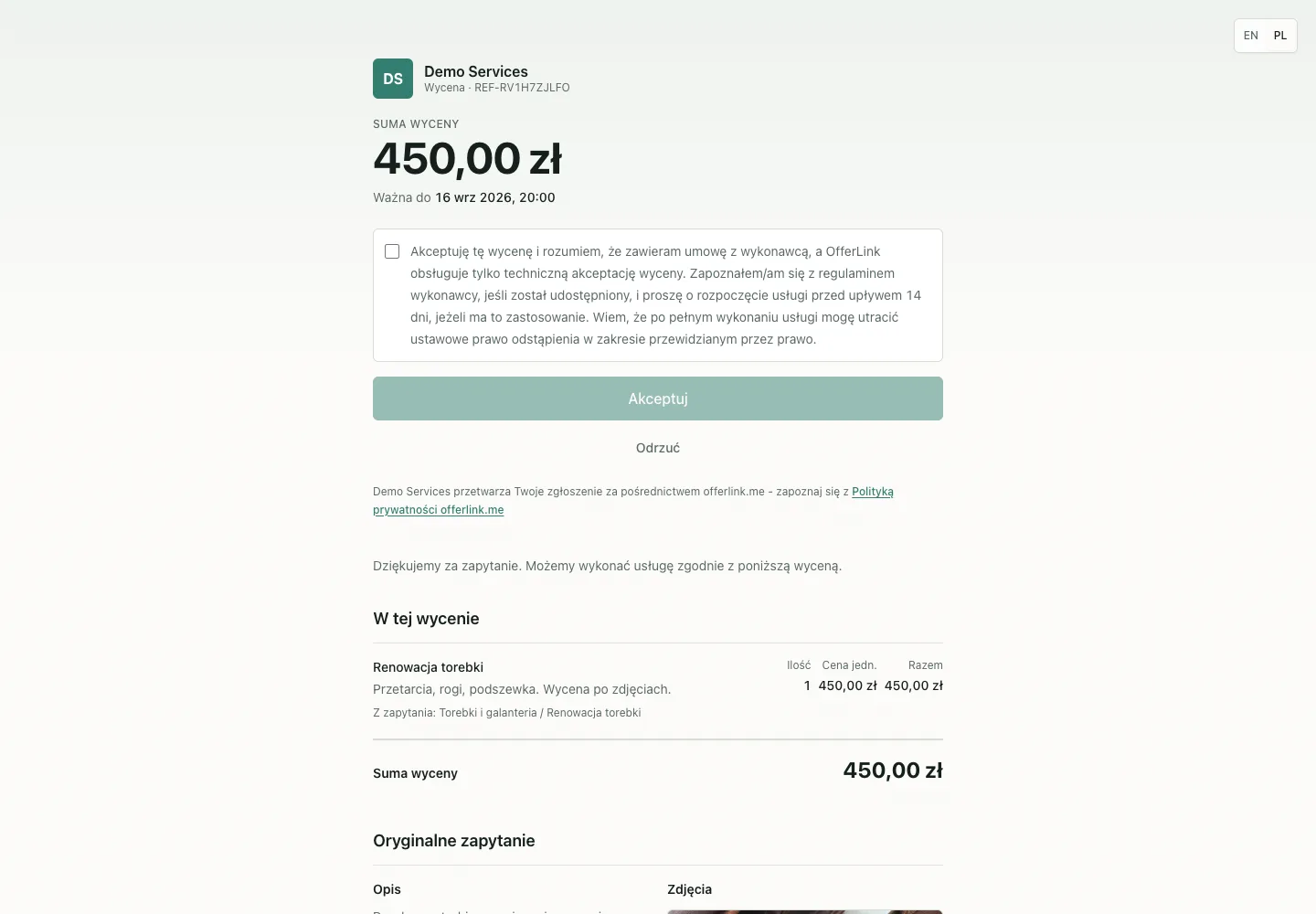 Wycena klienta z sumą 450,00 zł, terminem oraz przyciskami Akceptuj i Odrzuć